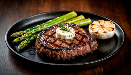 Grilled gourmet beef steak with butter and rosemary, asparagus, and roasted garlic on cast iron pan. Fine dining cuisine meal concept.