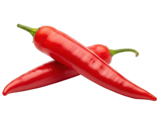 Two vibrant red chili peppers crossed over each other, isolated on transparent background for a clean food presentation