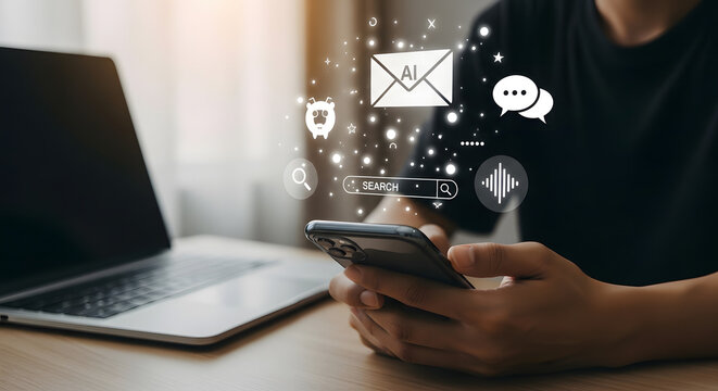 Man using smartphone with email and social media icons overlayed for communication