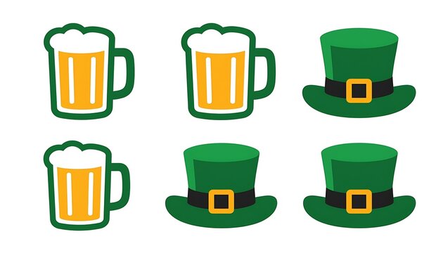 Green beer mugs and leprechaun hats for Saint Patricks Day celebration. Irish holiday symbols and tradition concept. - Powered by Adobe
