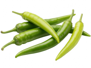 A pile of fresh, bright green chili peppers isolated on transparent background for a healthy food concept