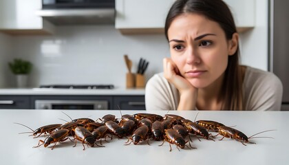 A woman looks distressed at a multitude of cockroaches on a kitchen counter. Pest control issue and home infestation concept.