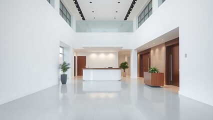 Office building lobby, premium vibe with white hall and plants