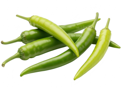A pile of fresh, bright green chili peppers isolated on transparent background for a healthy food concept