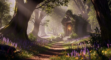 A sunlit forest path leads to a small cottage, surrounded by trees and flowers, creating a mystical and inviting atmosphere.