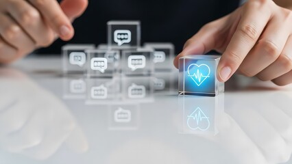 Person building a digital communication network with chat icons and security shield