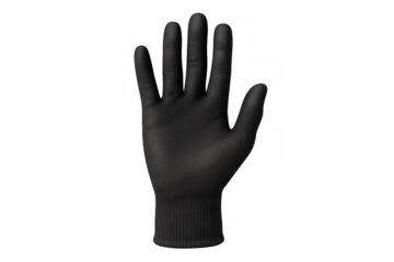Black protective glove, palm facing forward. Representing safety, clean work, and care for hands. Transparent background