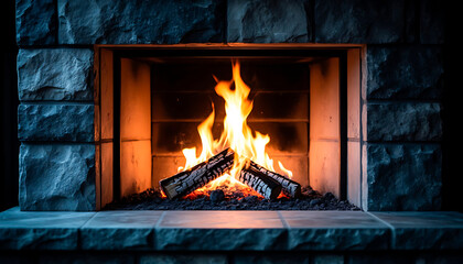 Cozy burning fireplace with logs igniting. Warm flames and embers in a rustic stone hearth. Winter comfort and holiday season concept.
