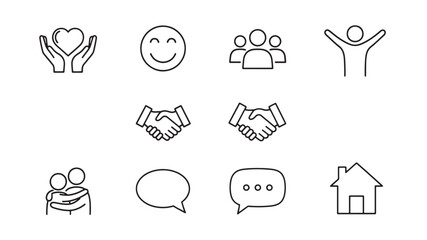 Fototapeta premium Diverse Line Art Icons Representing Community Support, Communication, Collaboration, and Home, Ideal for Charity and Social Initiatives