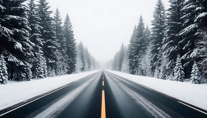 Fototapeta premium Empty straight asphalt road with yellow lines leading through a snow-covered forest during winter. Travel and journey concept for cold season.