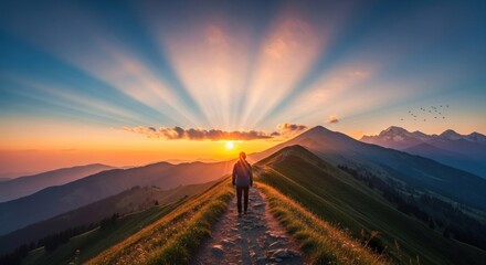 A hiker stands on a mountain trail at sunset, with sunbeams shining through the clouds.
