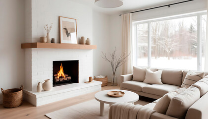 Cozy minimalist living room with a fireplace and large windows showcasing a snowy winter landscape. Contemporary home interior design concept.