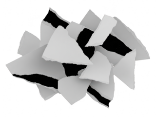 Pile of torn white paper scraps with jagged edges showing black background underneath, isolated on transparent background