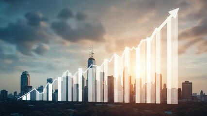Business growth with rising graphs lining the modern city skyline, symbolizing future opportunities and economic progress. 4k video - Powered by Adobe