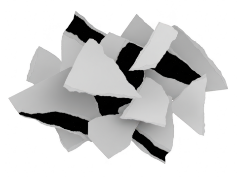 Pile of torn white paper scraps with jagged edges showing black background underneath, isolated on transparent background - Powered by Adobe