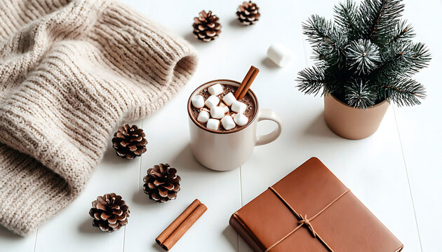 Hot chocolate with marshmallows and cinnamon stick, pine cones, and knitted blanket on white table. Cozy winter or autumn concept.