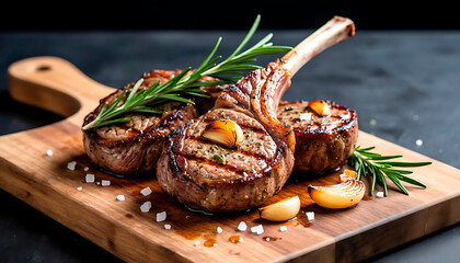 Grilled lamb chop with rosemary and garlic on a wooden cutting board. Delicious barbecue steak for gourmet dining. High-quality meat.