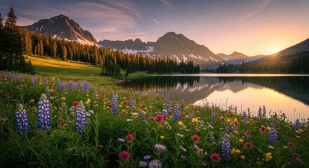 Naklejka premium A serene mountain lake with vibrant wildflowers and a majestic mountain range in the background.