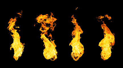 Collection of isolated flames on black background. Perfect for digital art, design and visual effects. Perfect for energy explosion scenes.