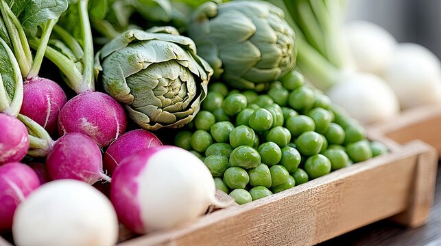 A close-up shot of a wooden tray filled with various fresh vegetables, including radishes, peas, and artichokes, during the day.