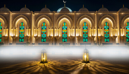 Mystical Mosque Night Lanterns Glow Under Crescent Moon Above Moorish Arches