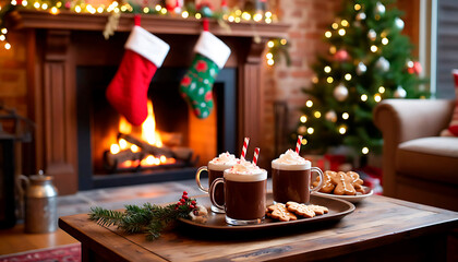 Hot chocolate cups with gingerbread cookies on wood table in cozy room with fireplace and Christmas decorations. Winter holiday beverage concept for greeting card.