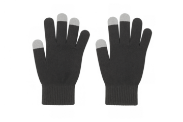 Pair of black knit touchscreen gloves providing warmth and connectivity for smart device interaction, transparent background