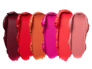 Six vibrant lipstick swatches showing different shades of makeup texture isolated on transparent background