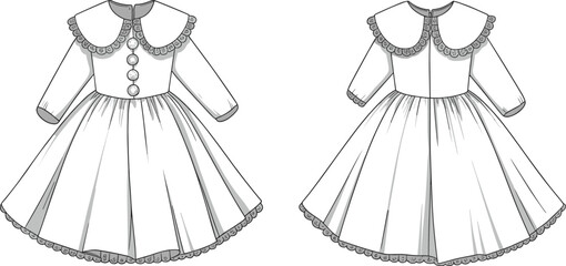 Cad drawing flat vector illustration, vintage girl dress technical sketch, front and back view, fashion template, garment construction detail