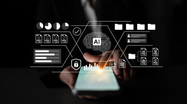 A close-up of hands holding a smartphone displaying digital AI icons and data visuals, showcasing modern technology and business innovation on a dark background. Gantry