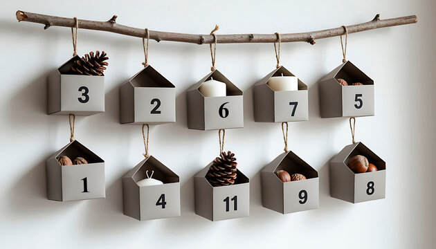 Gray house shaped advent calendar with numbers holding pinecones, candles, and nuts on a branch. Christmas holiday countdown for December tradition.