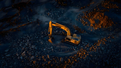An aerial shot of a construction site at dusk, showcasing a yellow excavator amidst a rocky