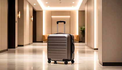 Gray wheeled suitcase standing alone in a modern hotel corridor. Concept of travel, vacation, business trip, or relocation.