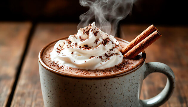 Steaming hot cocoa in a mug with whipped cream and cinnamon stick. Warm chocolate beverage for a cozy winter drink.