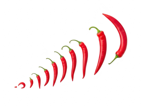 Nine red chili pepper growing in size arranged diagonally on transparent background isolated on transparent background
