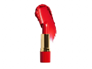 Vibrant red lipstick bullet with a dramatic swipe of matching creamy color swatch isolated on transparent background