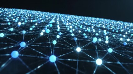 Blue glowing network nodes and spheres connected by lines in digital space, creating futuristic technology with data flow and dynamic connection in dark blue glowing environment - Powered by Adobe