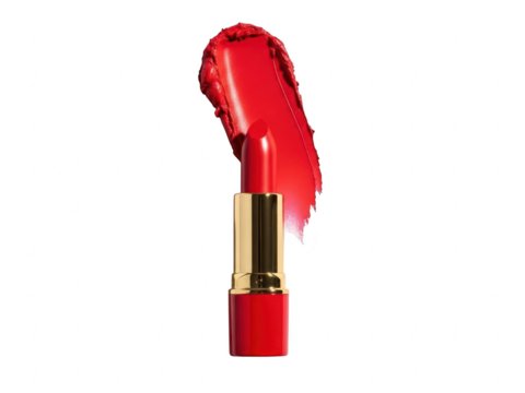 Vibrant red lipstick bullet with a dramatic swipe of matching creamy color swatch isolated on transparent background