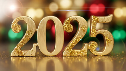 Close-up of golden ‘2025’ numbers with sparkling glitter and bokeh lights in the background, elegant holiday composition