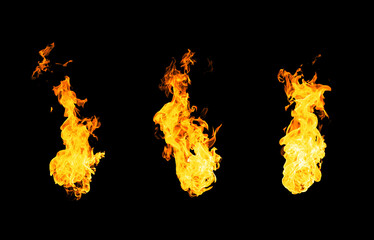 Collection of isolated flames on black background. Perfect for digital art, design and visual effects. Perfect for energy explosion scenes.
