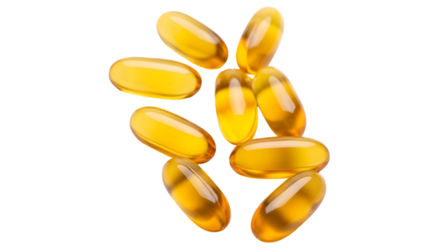 Pile of omega 3 fish oil capsules isolated on transparent background