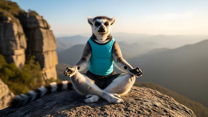 Obraz premium Zen lemur finds inner peace with yoga practice in the mountains during sunrise, embracing mindfulness and wellness, inspiring healthy lifestyle habits now