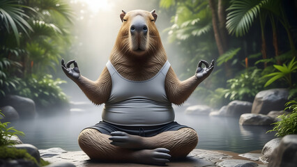Zen capybara meditating peacefully in a lush tropical spa oasis, finding inner peace and balance in nature's serene embrace, wellness and relaxation