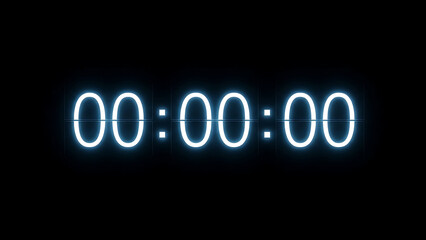 Minimalist New Year countdown clock striking midnight, glowing numbers, dark background, clean futuristic style.