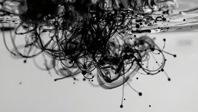 Intricate black ink swirls and droplets create a dynamic and abstract visual composition against a soft, light background, displaying fluidity and a sense of movement with varying shades of gray,... - Powered by Adobe