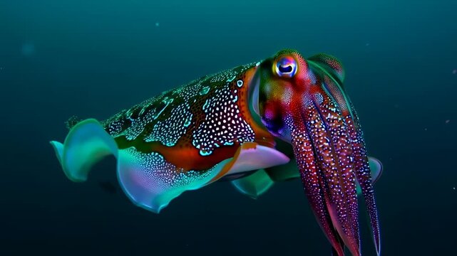 A colorful cuttlefish swims in the deep, bioluminescent dots visible