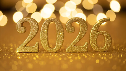 Close-up of golden ‘2026’ numbers with sparkling glitter and bokeh lights in the background, elegant holiday composition