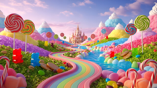 Vibrant Candyland landscape featuring a rainbow-colored path winding toward a whimsical castle made entirely of sweets.