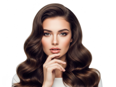 Beautiful young woman with perfect voluminous dark brown wavy hair and professional makeup posing against a transparent background