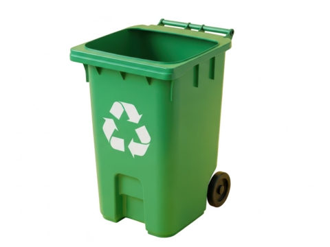 Green recycling bin with universal recycling symbol on a transparent background for waste management and environmental concept